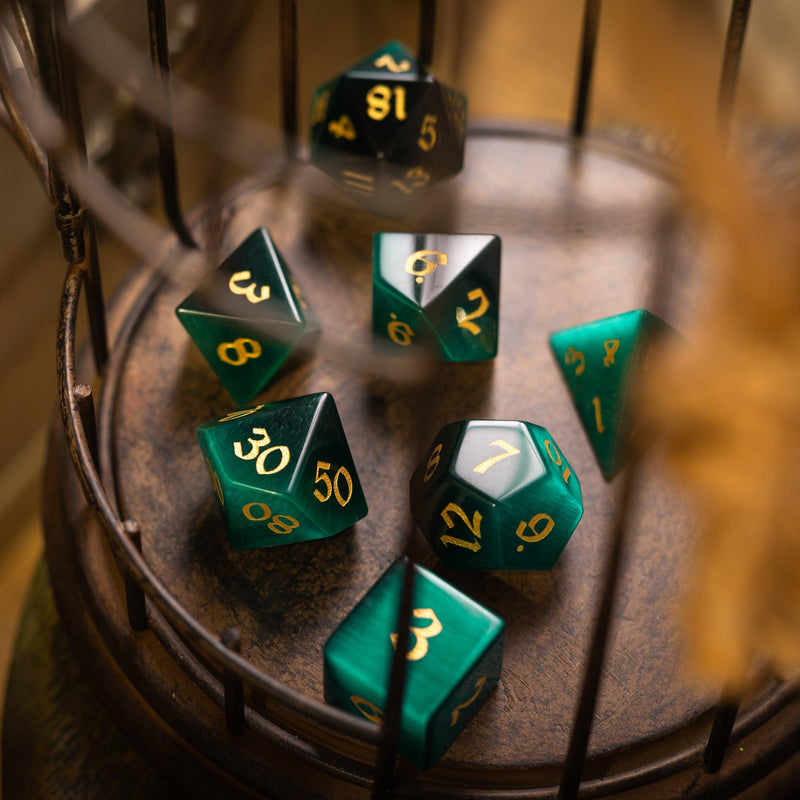 Gemstone Dark Green Cats Eye Stone Hand Carved DND Dice Set