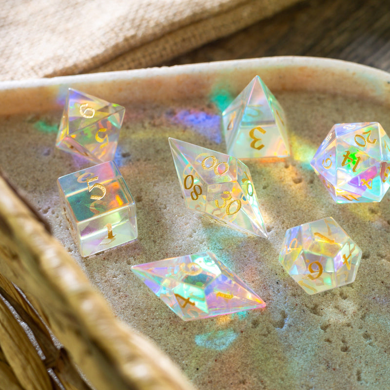 Gemstone Dichroic Glass Elven Cut DND Dice Set