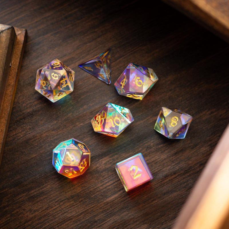 Gemstone Dichroic Glass Hand Carved DND Dice Set