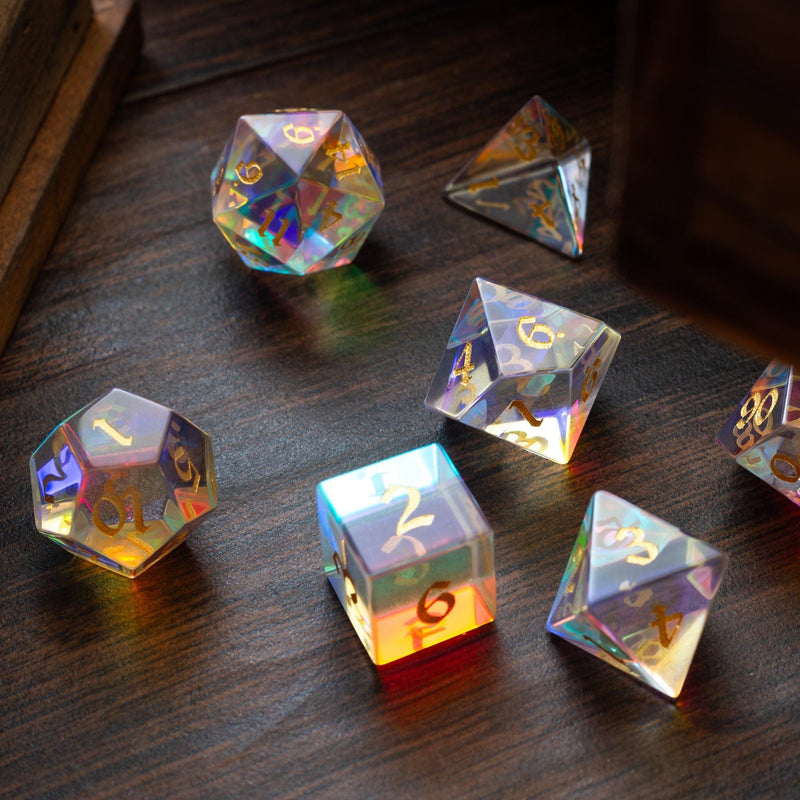 Gemstone Dichroic Glass Hand Carved DND Dice Set