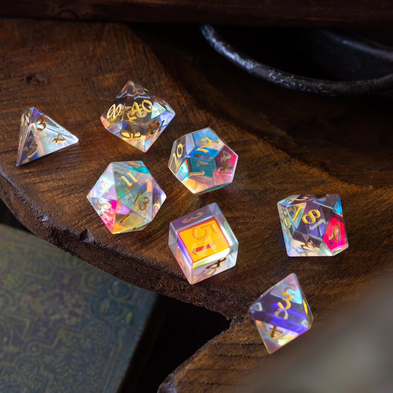 Gemstone Dichroic Glass Hand Carved DND Dice Set