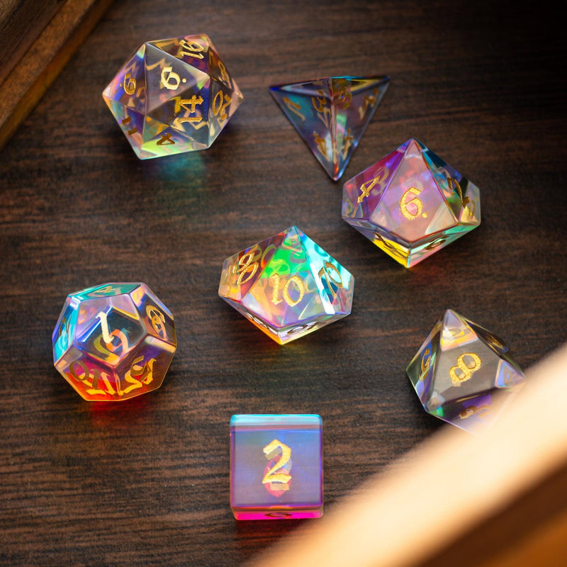 Gemstone Dichroic Glass Hand Carved DND Dice Set