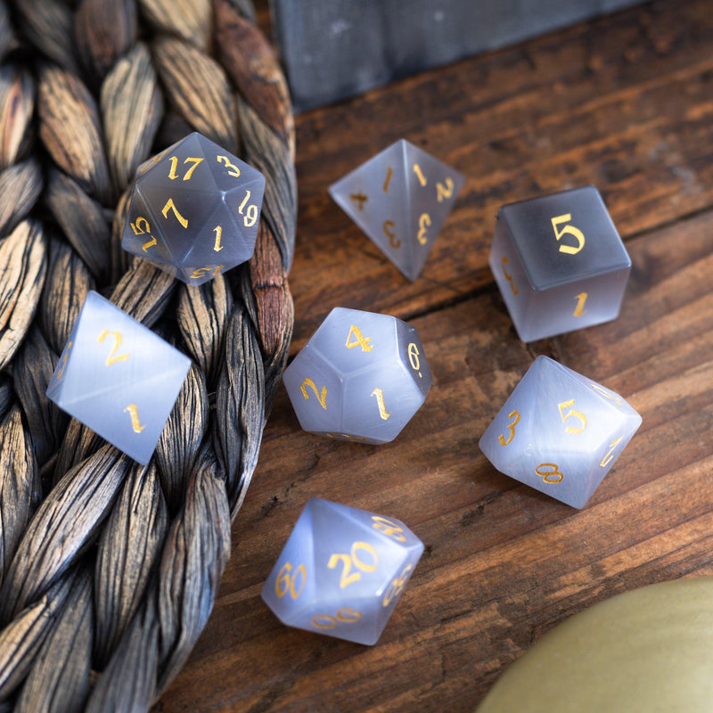 Gemstone Gray Cats Eye Stone DND Dice Set