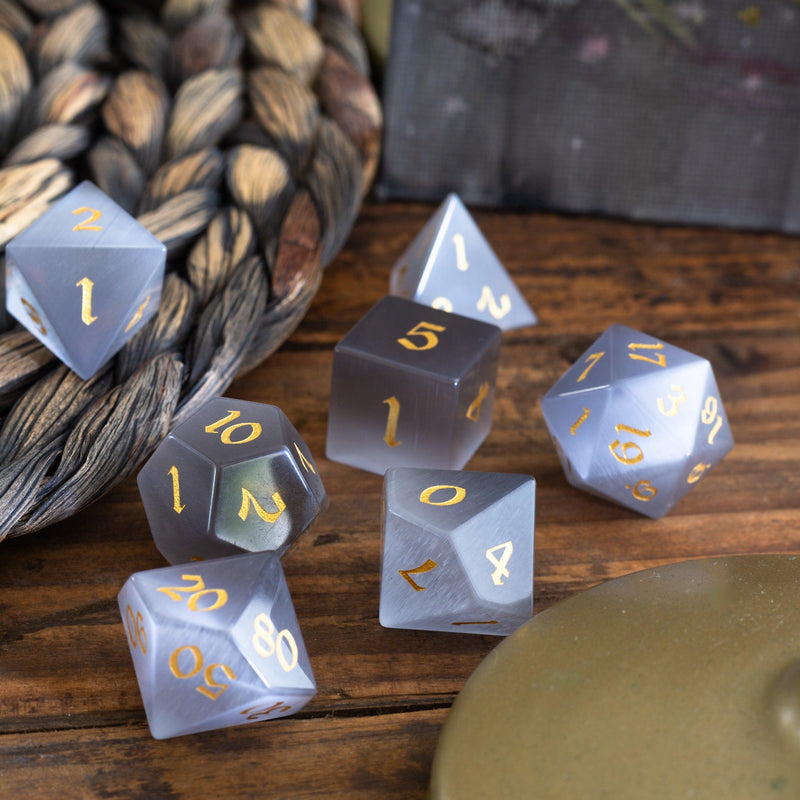 Gemstone Gray Cats Eye Stone DND Dice Set