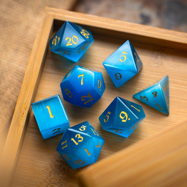 Gemstone Light Blue Cats Eye Stone Hand Carved DND Dice Set