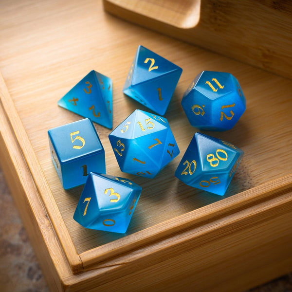 Gemstone Light Blue Cats Eye Stone Hand Carved DND Dice Set