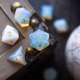 Gemstone Opalite (Gold Font) Hand Carved DND Dice Set