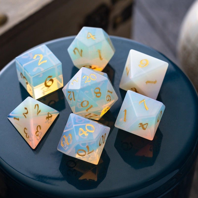 Gemstone Opalite (Gold Font) Hand Carved DND Dice Set