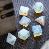 Gemstone Opalite (Gold Font) Hand Carved DND Dice Set