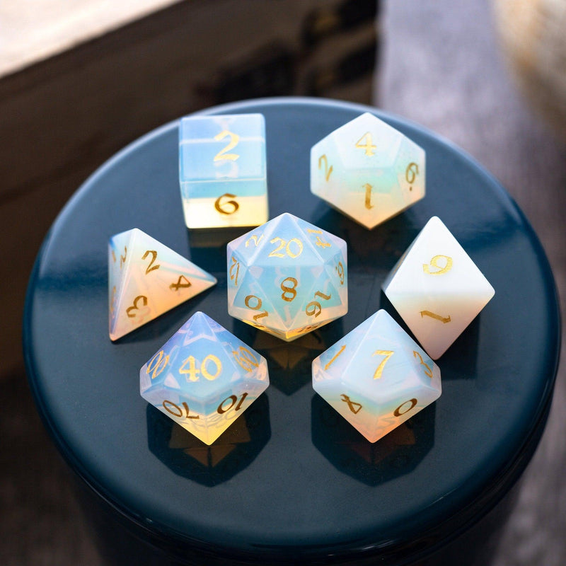 Gemstone Opalite (Gold Font) Hand Carved DND Dice Set