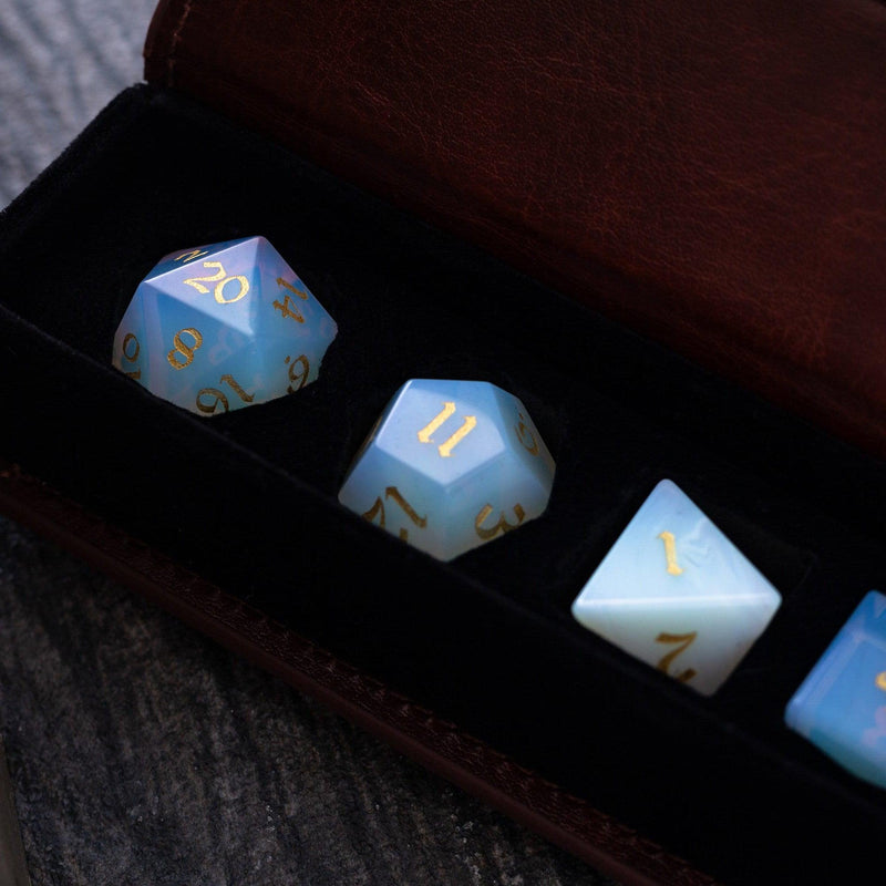 Gemstone Opalite (Gold Font) Hand Carved DND Dice Set