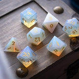 Gemstone Opalite (Gold Font) Hand Carved DND Dice Set