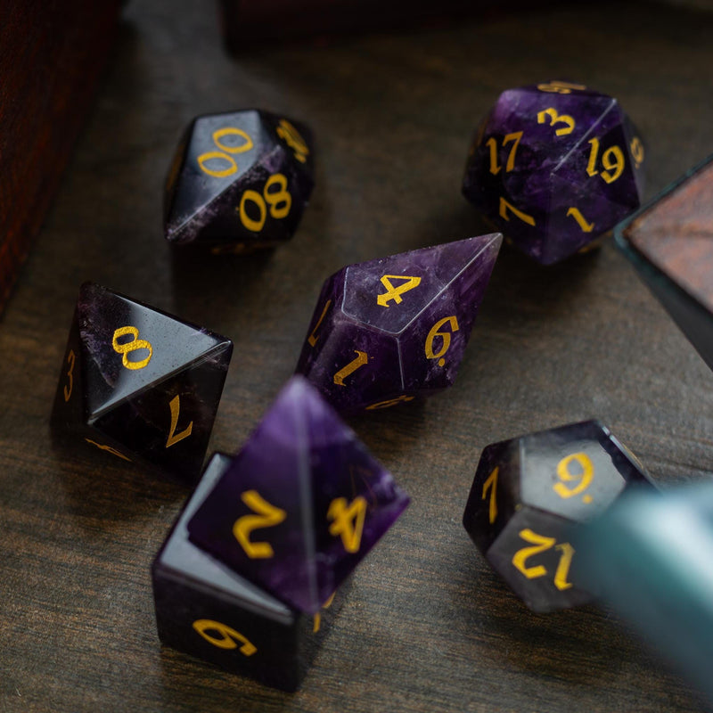 Gemstone Purple Amethyst Elven Cut DND Dice Set