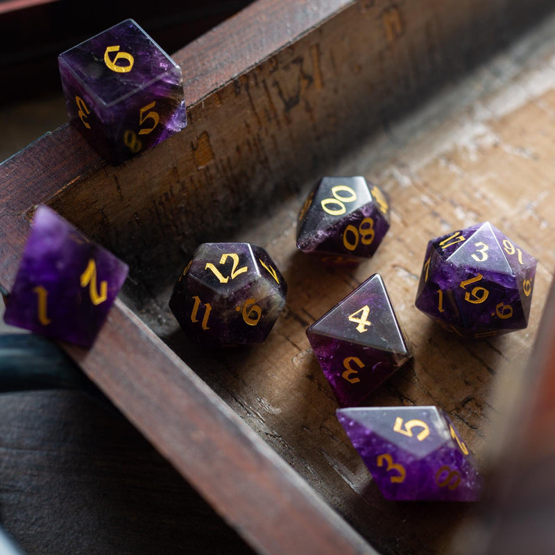 Gemstone Purple Amethyst Elven Cut DND Dice Set