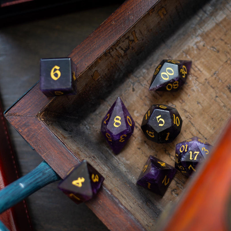 Gemstone Purple Amethyst Elven Cut DND Dice Set