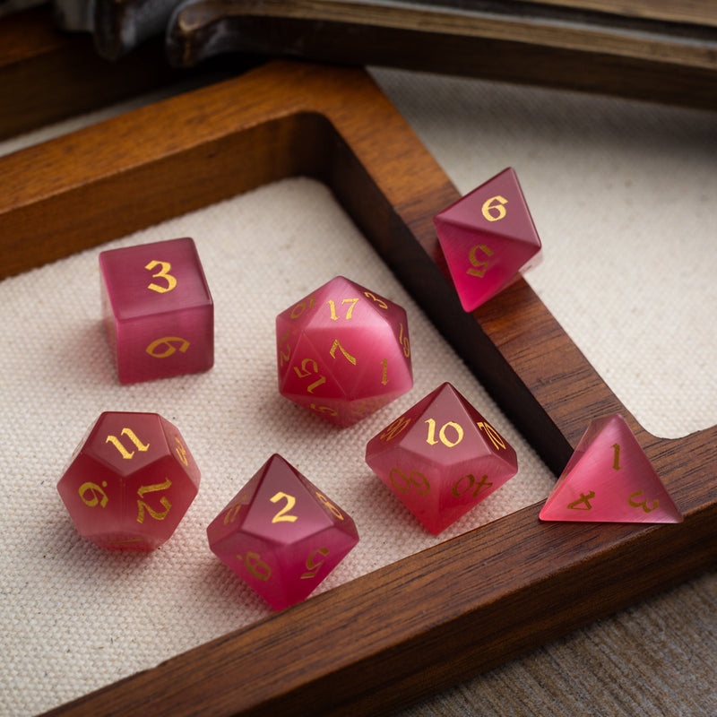 Gemstone Rose Red Cats Eye Stone Hand Carved DND Dice Set