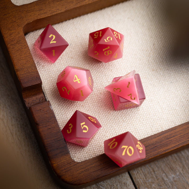 Gemstone Rose Red Cats Eye Stone Hand Carved DND Dice Set