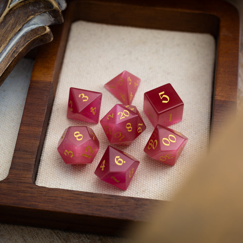 Gemstone Rose Red Cats Eye Stone Hand Carved DND Dice Set