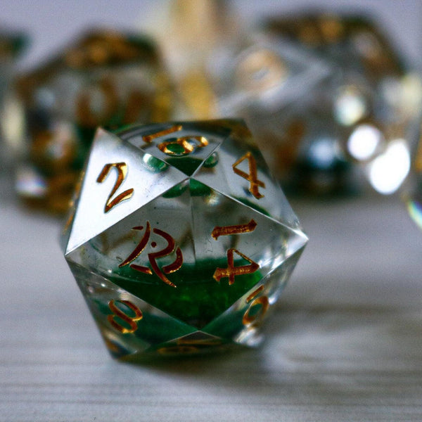 Green Glitter Liquid Core Handmade Sharp Edge Resin DND Dice Set