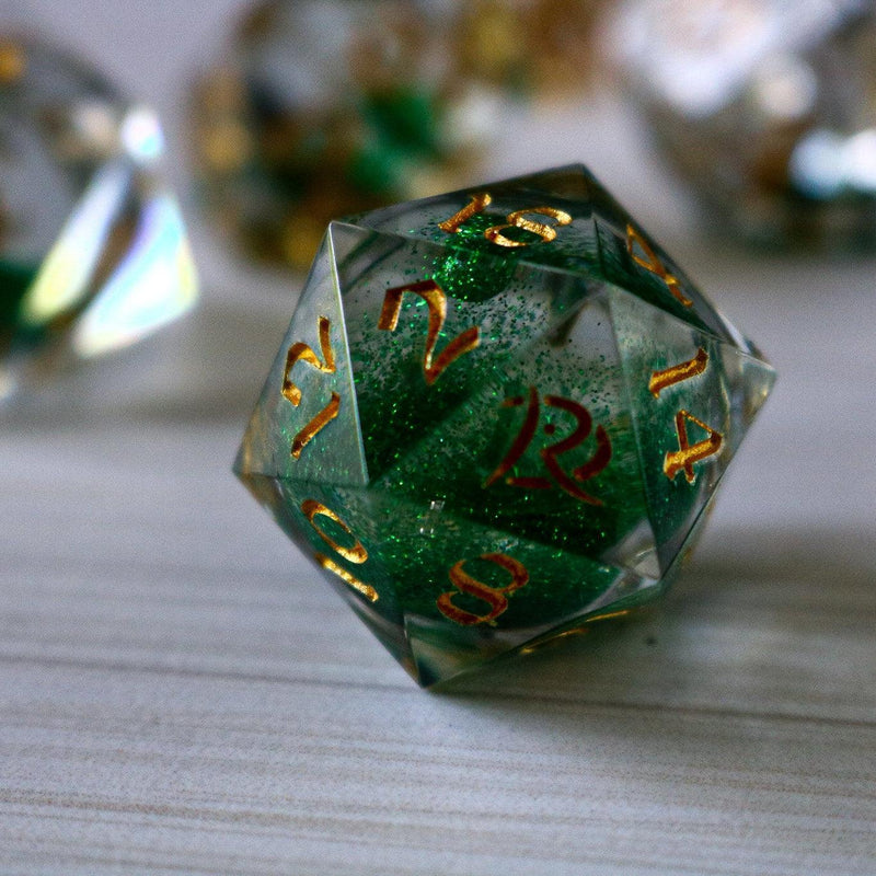 Green Glitter Liquid Core Handmade Sharp Edge Resin DND Dice Set