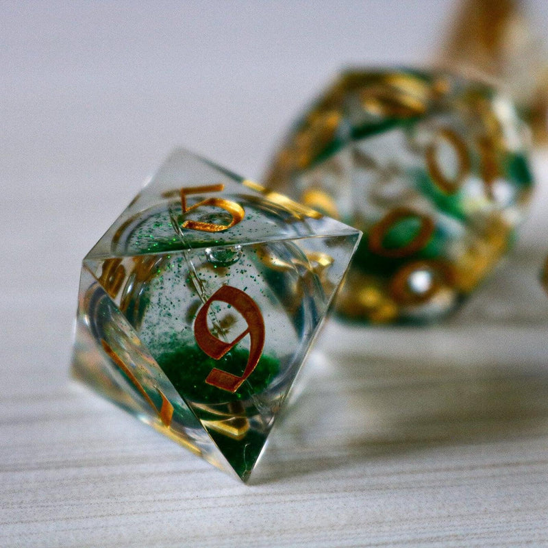 Green Glitter Liquid Core Handmade Sharp Edge Resin DND Dice Set