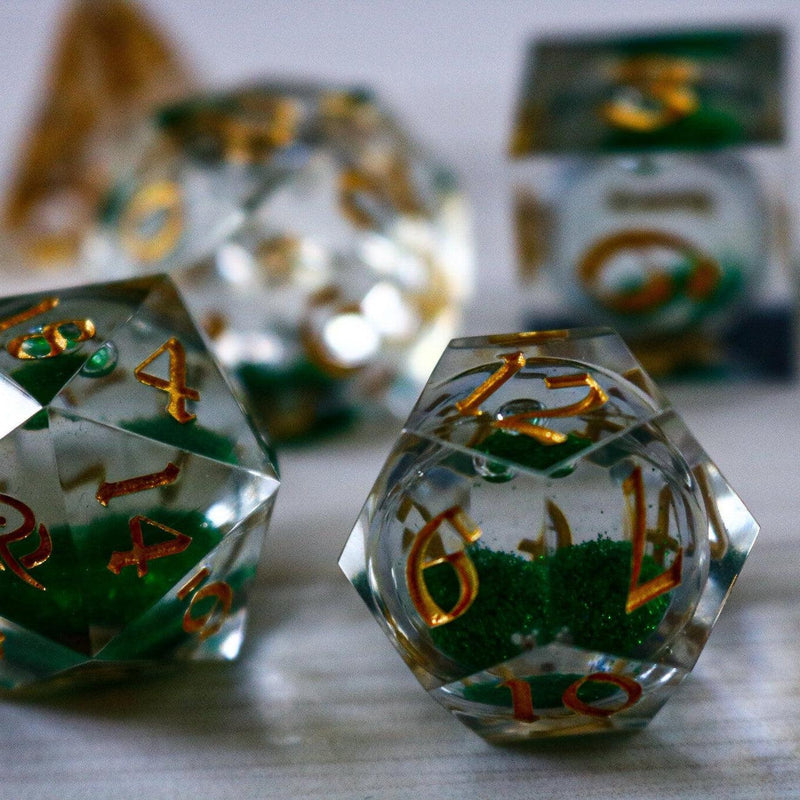 Green Glitter Liquid Core Handmade Sharp Edge Resin DND Dice Set