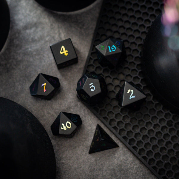 Inked Black Night Raised Obsidian Hand Carved Dice DND Set