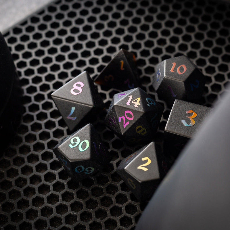 Inked Black Night Raised Obsidian Hand Carved Dice DND Set