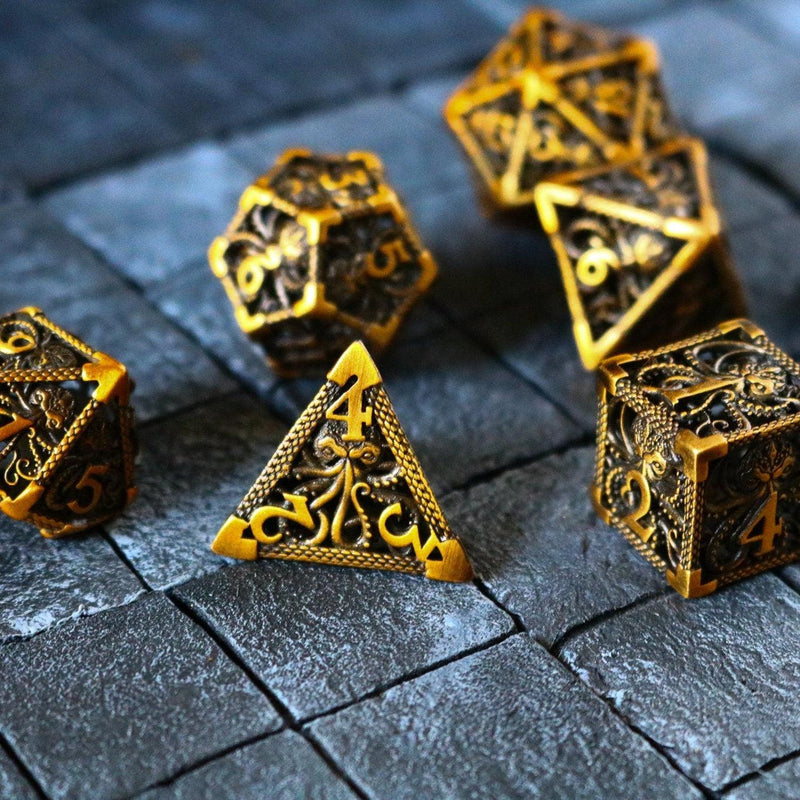 Octopus Gold Hollow Metal DND Dice Set