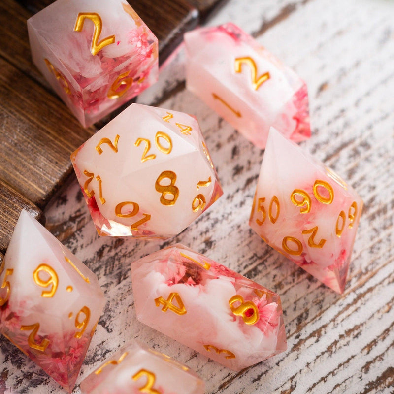 Pink Blossom Handmade Resin DND Dice Set