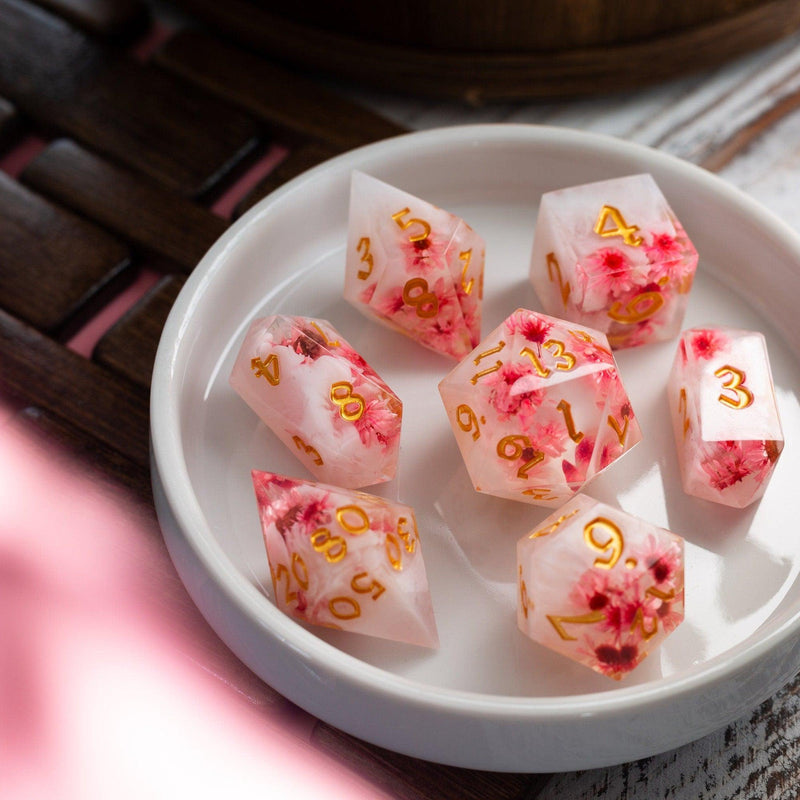 Pink Blossom Handmade Resin DND Dice Set