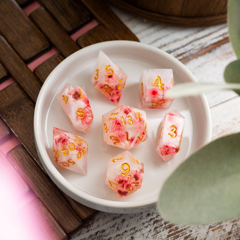 Pink Blossom Handmade Resin DND Dice Set