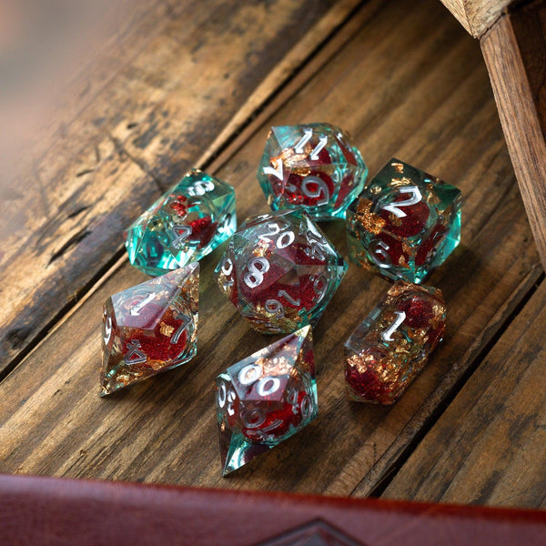 Red And Gold Glitter Liquid Core Handmade Resin DND Dice Set