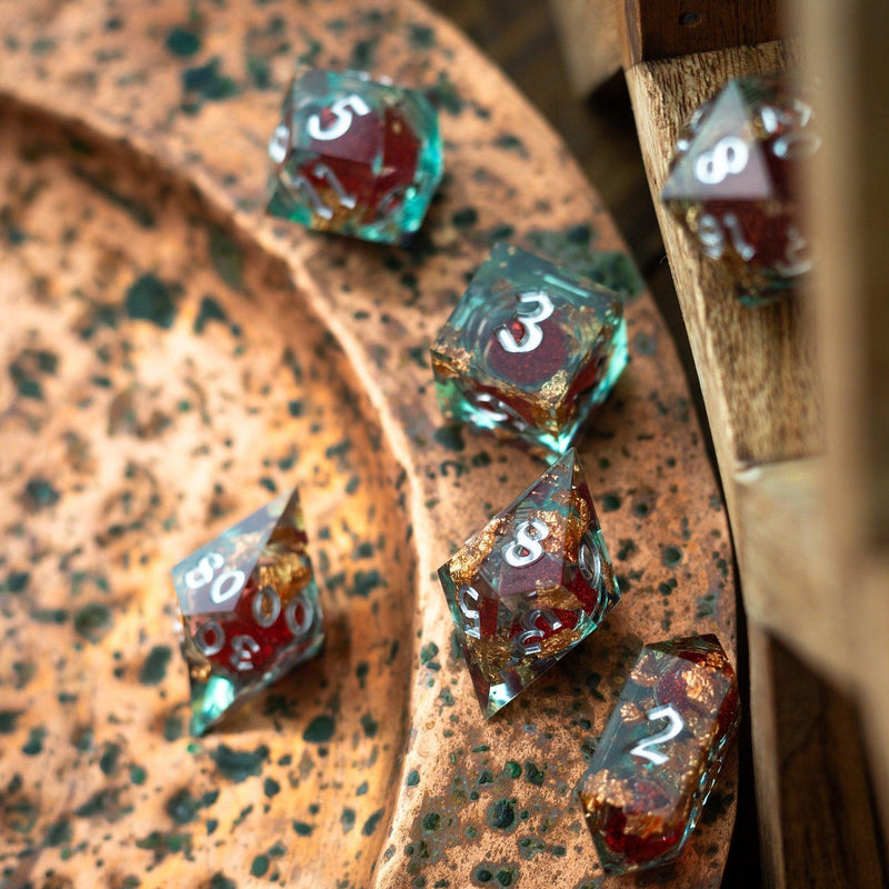 Red And Gold Glitter Liquid Core Handmade Resin DND Dice Set