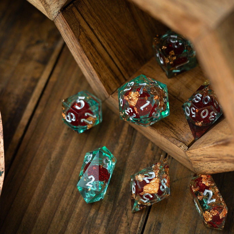 Red And Gold Glitter Liquid Core Handmade Resin DND Dice Set