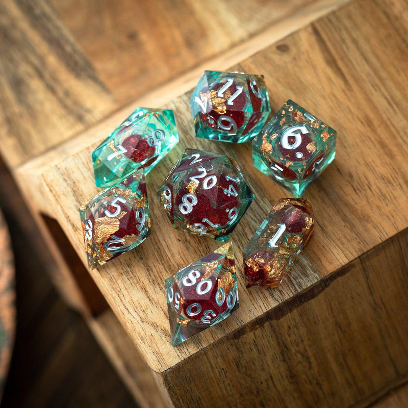 Red And Gold Glitter Liquid Core Handmade Resin DND Dice Set