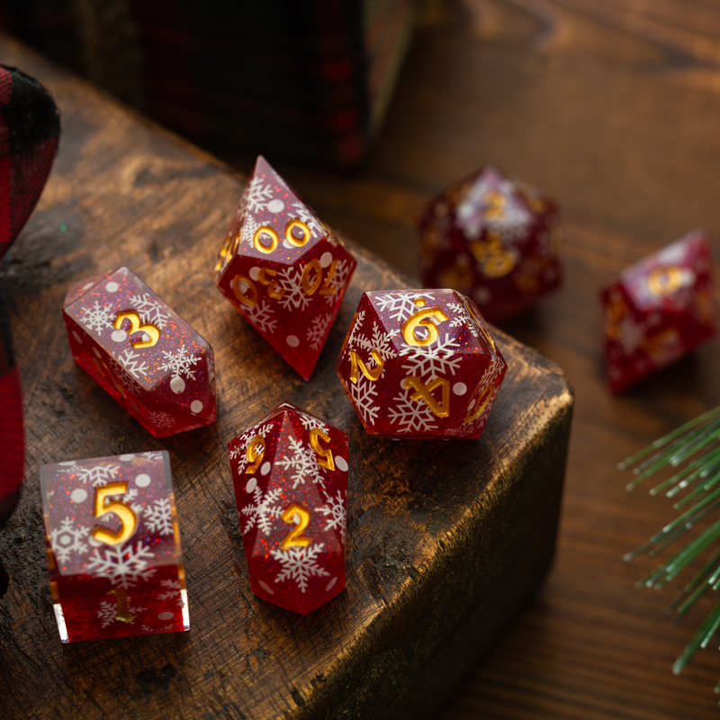 Christmas Red Snowflake Handmade Resin DND Dice Set