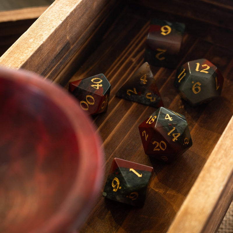 Gemstone African Bloodstone Hand Carved (And Box) DND Dice Set