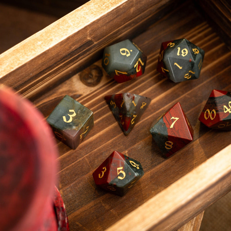 Gemstone African Bloodstone Hand Carved (And Box) DND Dice Set