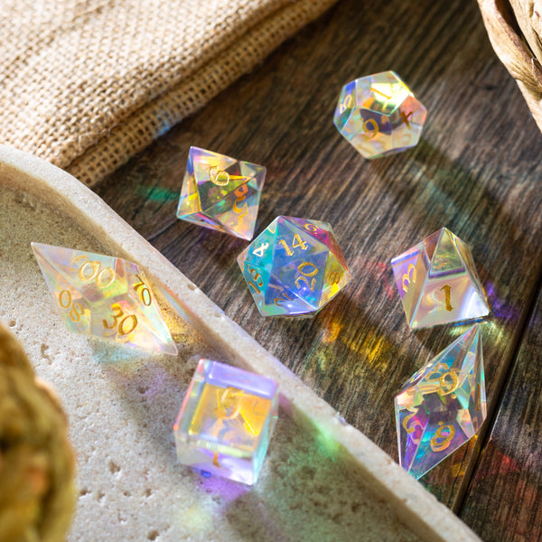 Gemstone Dichroic Glass Elven Cut (And Box) DND Dice Set