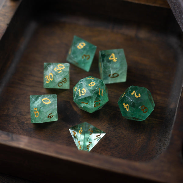 Green Fluorite Gemstone (Chlorophane) Hand Carved (And Box) DND Dice Set