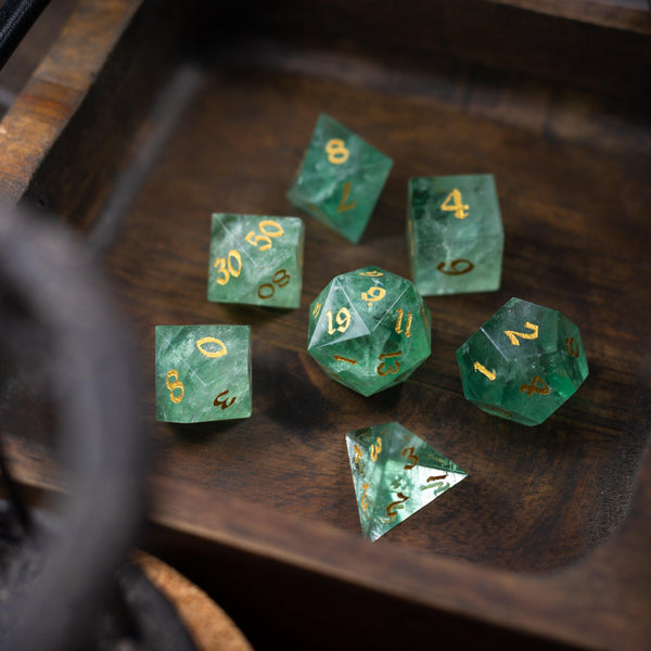 Green Fluorite Gemstone (Chlorophane) Hand Carved (And Box) DND Dice Set