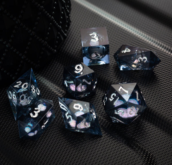 Black And Silver Glitter Liquid Core Handmade Resin (And Box) DND Dice Set