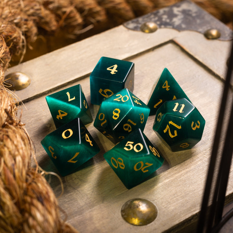 Gemstone Dark Green Cats Eye Stone Hand Carved (And Box) DND Dice Set