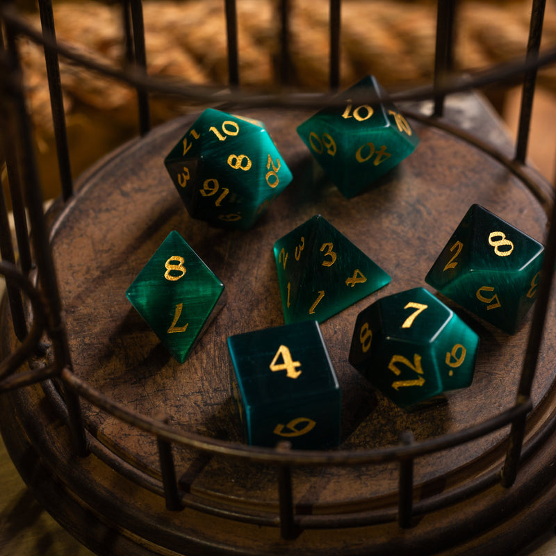 Gemstone Dark Green Cats Eye Stone Hand Carved (And Box) DND Dice Set