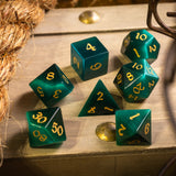 Gemstone Dark Green Cats Eye Stone Hand Carved (And Box) DND Dice Set