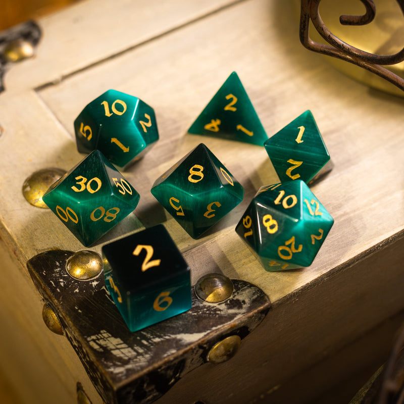 Gemstone Dark Green Cats Eye Stone Hand Carved (And Box) DND Dice Set