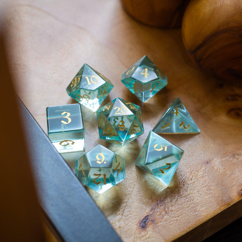 Green Water Glass Hand Carved DND Dice Set