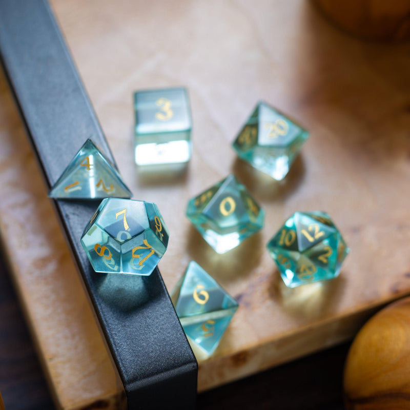 Green Water Glass Hand Carved DND Dice Set