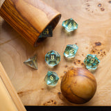 Green Water Glass Hand Carved DND Dice Set